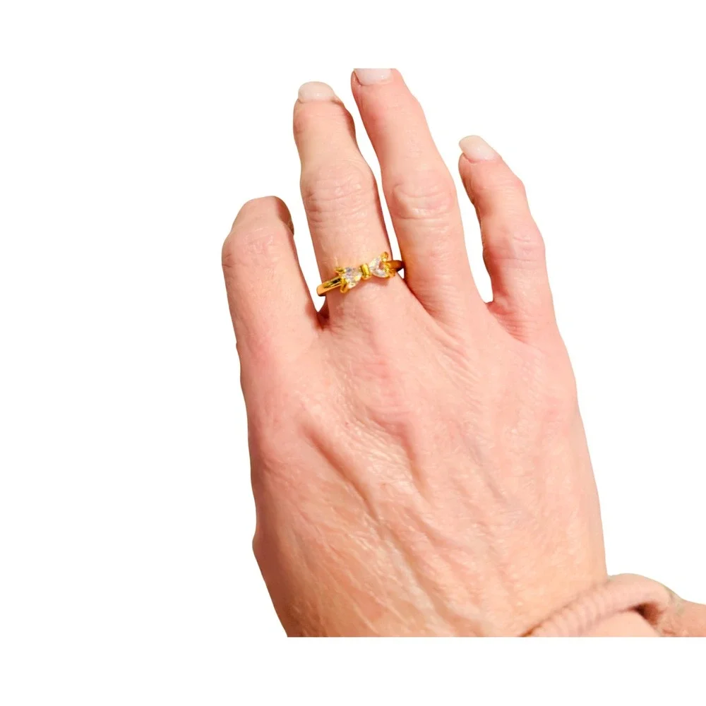 14k Gold over silver Tone Bow Ring Clear Cubic Zirconia Pave Dainty Women SZ  6